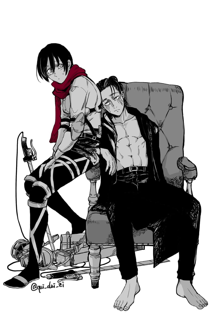 mikasa ackerman and eren yeager (shingeki no kyojin) drawn by qui_dui_zi