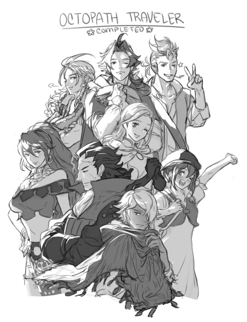 therion, tressa colzione, ophilia clement, primrose azelhart, cyrus albright, and 4 more (octopath traveler and 1 more) drawn by krazehkai