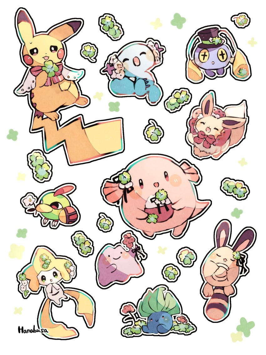 pikachu, eevee, jirachi, ditto, wooper, and 5 more (pokemon) drawn by hanabusaoekaki