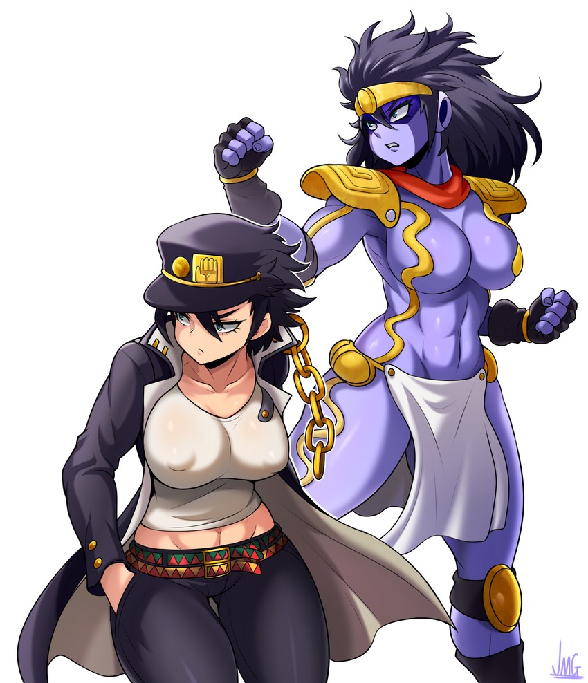 kujo jotaro and star platinum (jojo no kimyou na bouken and 1 more) drawn by jmg