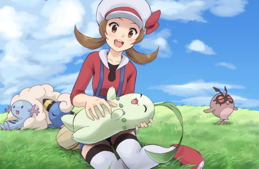 lyra, chikorita, wooper, mareep, and hoothoot (pokemon and 1 more) drawn by shizupu