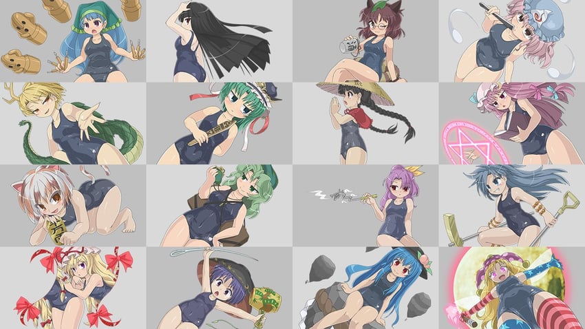 patchouli knowledge, yakumo yukari, saigyouji yuyuko, hinanawi tenshi, houraisan kaguya, and 11 more (touhou) drawn by winn