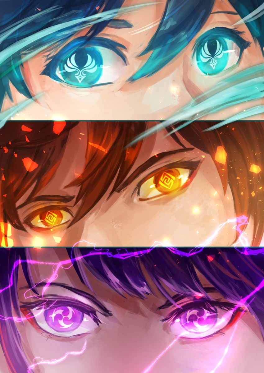 raiden shogun, zhongli, and venti (genshin impact) drawn by ceri_obt