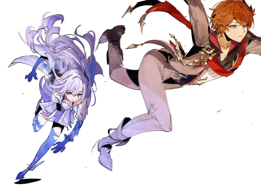 tartaglia and skirk (genshin impact) drawn by juffles