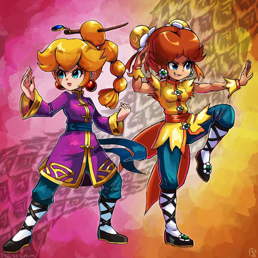 princess peach, princess daisy, and kung fu peach (mario and 1 more) drawn by stoic_seraphim