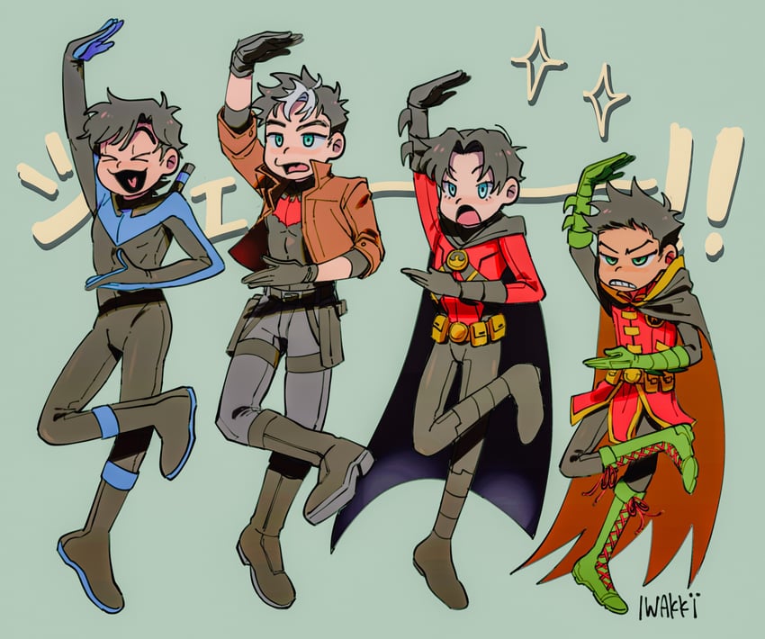 robin, dick grayson, jason todd, nightwing, damian wayne, and 1 more (dc comics and 4 more) drawn by iwakki
