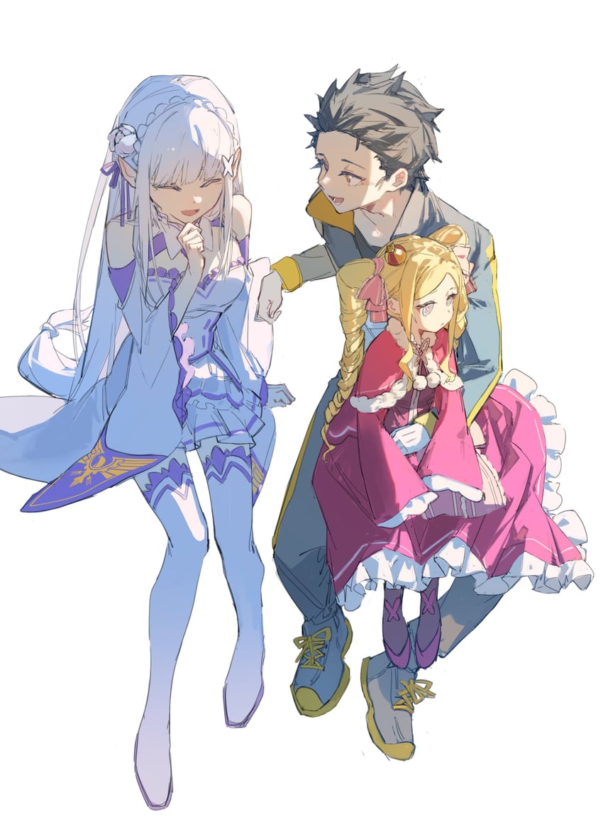 emilia, natsuki subaru, and beatrice (re:zero kara hajimeru isekai seikatsu) drawn by kurattes