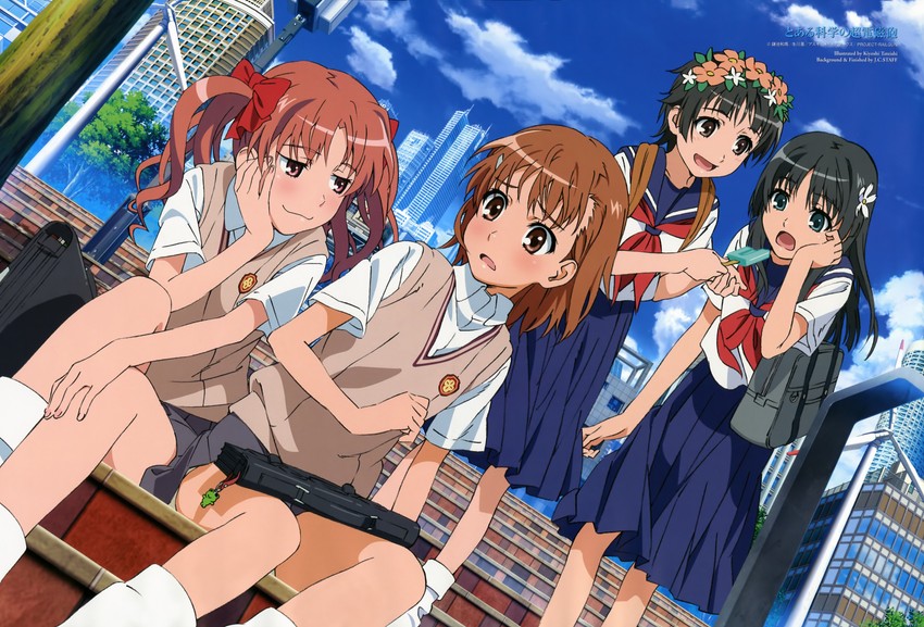 misaka mikoto, shirai kuroko, saten ruiko, uiharu kazari, and gekota (toaru majutsu no index and 1 more) drawn by shiwasu_takashi and tateishi_kiyoshi