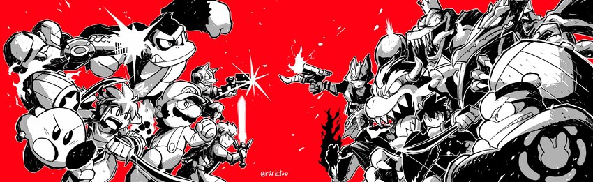 link, kirby, samus aran, mario, pit, and 9 more (persona and 12 more) drawn by rariatto_(ganguri)