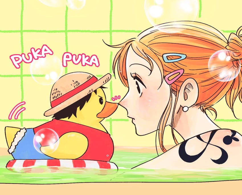 nami and monkey d. luffy (one piece) drawn by namisan_sukida