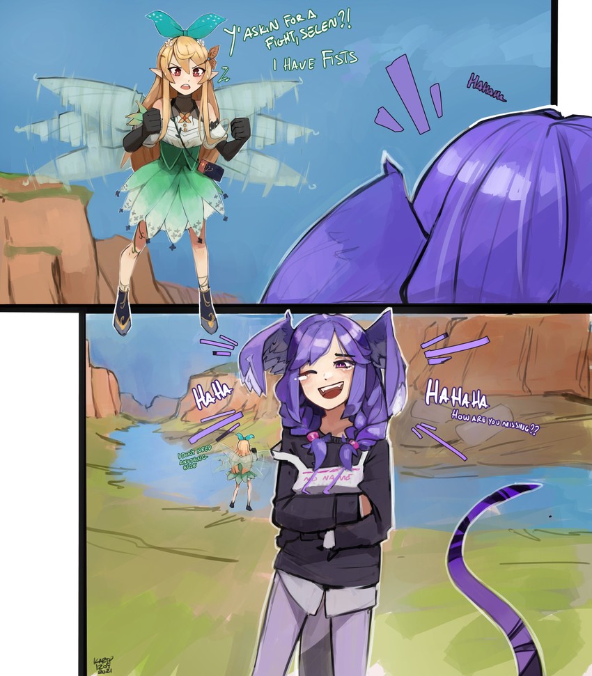 selen tatsuki and pomu rainpuff (nijisanji and 1 more) drawn by kart_prowler
