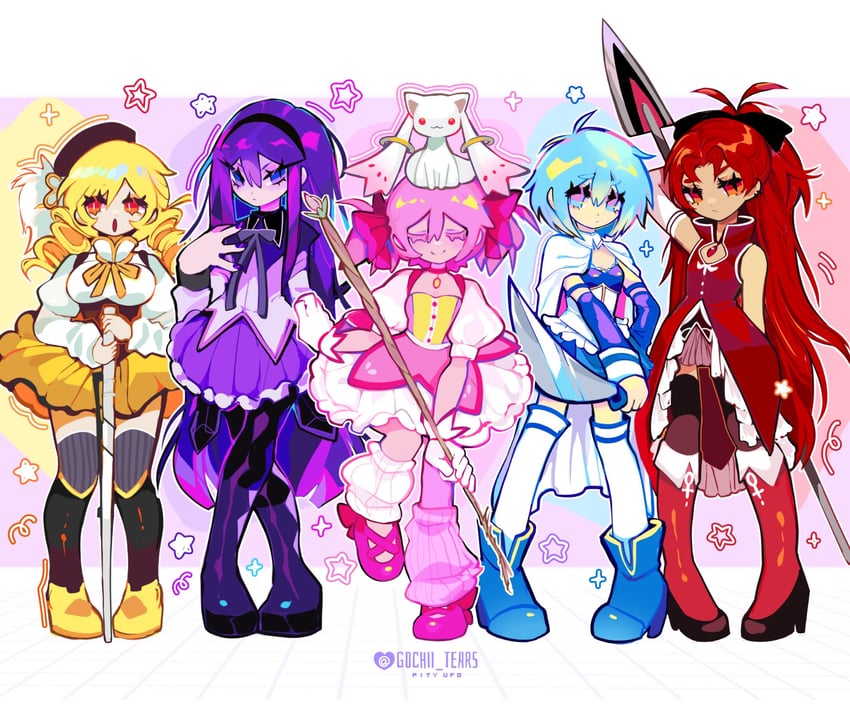 akemi homura, kaname madoka, miki sayaka, sakura kyoko, tomoe mami, and 1 more (mahou shoujo madoka magica) drawn by gochii_tears