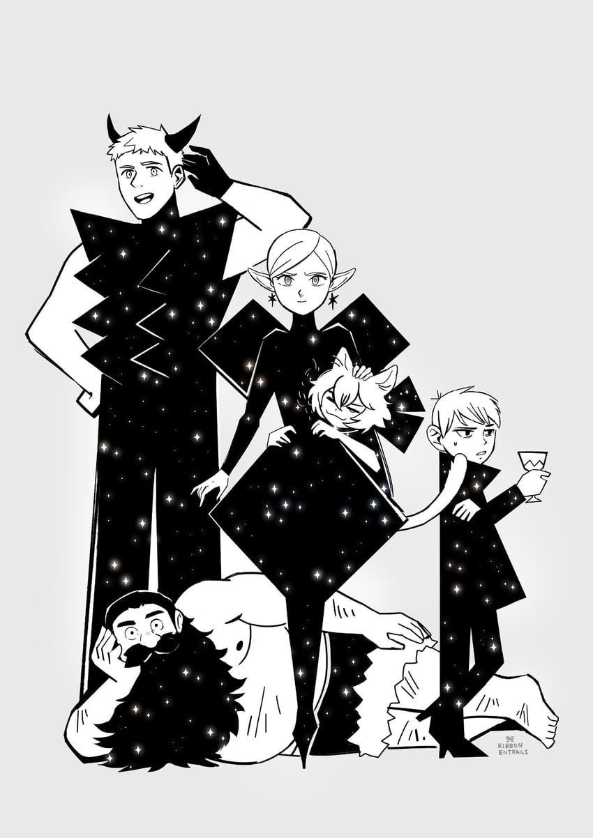 marcille donato, laios touden, senshi, chilchuck tims, and izutsumi (dungeon meshi) drawn by ribbonentrails