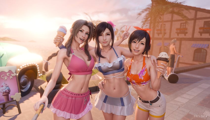 tifa lockhart, cloud strife, aerith gainsborough, and yuffie kisaragi (final fantasy and 3 more) drawn by sreliata