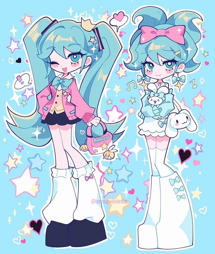 hatsune miku, kagamine rin, kagamine len, cinnamoroll, and cinnamiku (vocaloid and 2 more) drawn by meowwniz