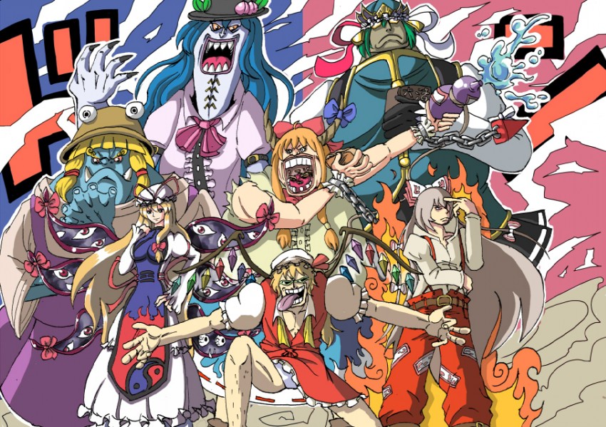 flandre scarlet, yakumo yukari, fujiwara no mokou, moriya suwako, hinanawi tenshi, and 9 more (touhou and 1 more) drawn by tsukaisute