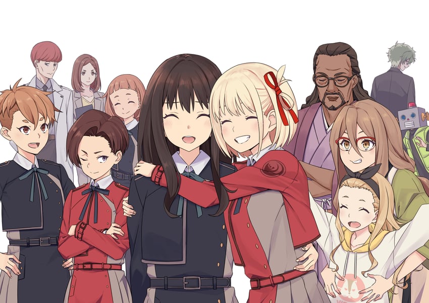 nishikigi chisato, inoue takina, kurumi, nakahara mizuki, harukawa fuki, and 7 more (lycoris recoil) drawn by needle_(needlebomb)