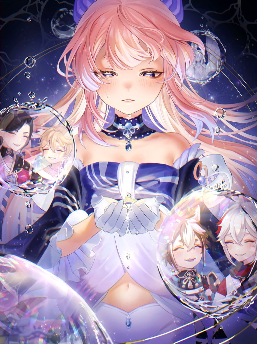 aether, sangonomiya kokomi, kaedehara kazuha, gorou, and teppei (genshin impact) drawn by hitohachan