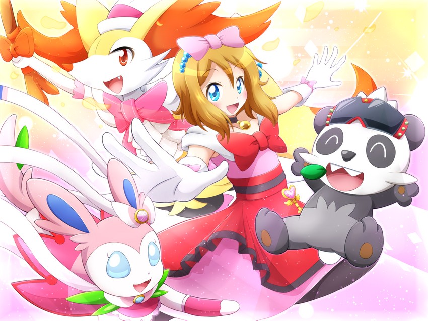 serena, sylveon, braixen, and pancham (pokemon and 1 more) drawn by gu-rahamu_omega_x