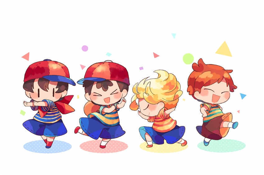 ness, lucas, claus, and ninten (mother and 3 more) drawn by hitofutarai