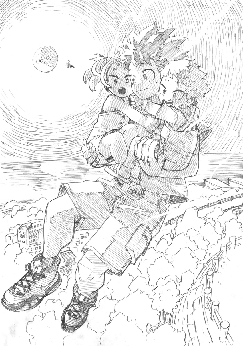 midoriya izuku, bakugou katsuki, todoroki shoto, shimano katsuma, and shimano mahoro (boku no hero academia) drawn by horikoshi_kouhei