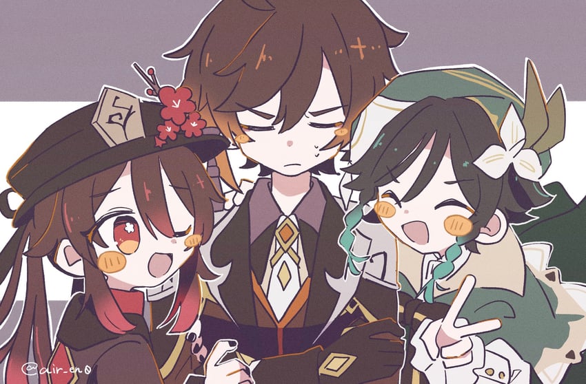 hu tao, zhongli, venti, and boo tao (genshin impact) drawn by air_(air_en0)