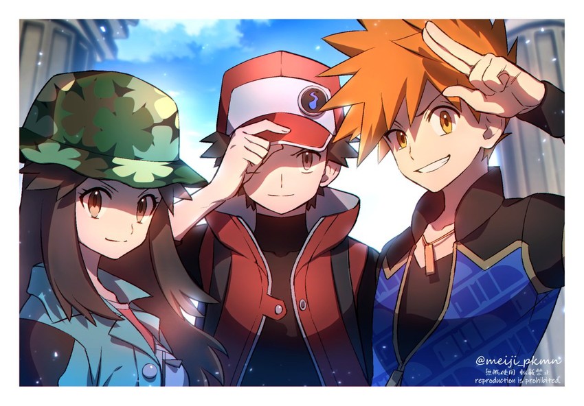 red, blue oak, and leaf (pokemon and 1 more) drawn by meiji_ken