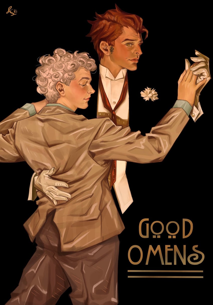 crowley and aziraphale (good omens and 1 more) drawn by kuronekoartsblog