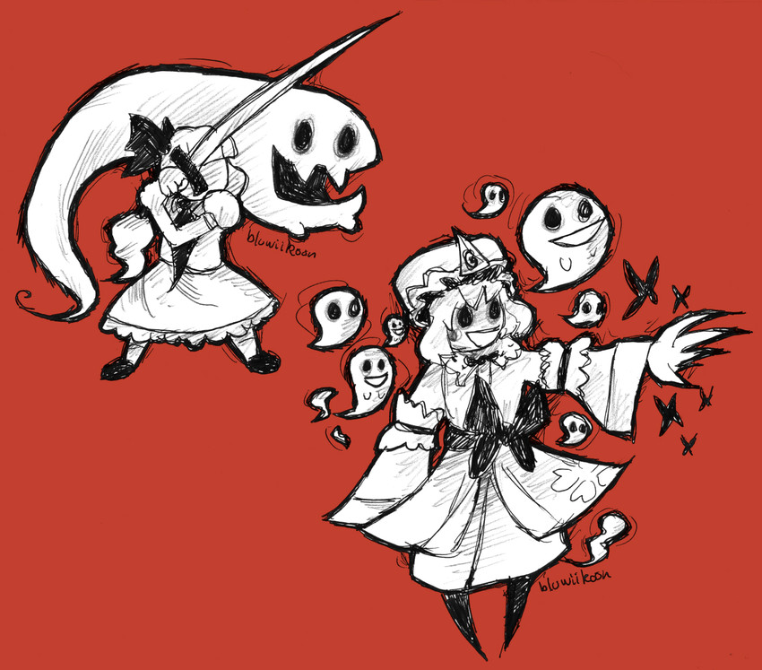 konpaku youmu, saigyouji yuyuko, and spectre (touhou and 1 more) drawn by bluwiikoon