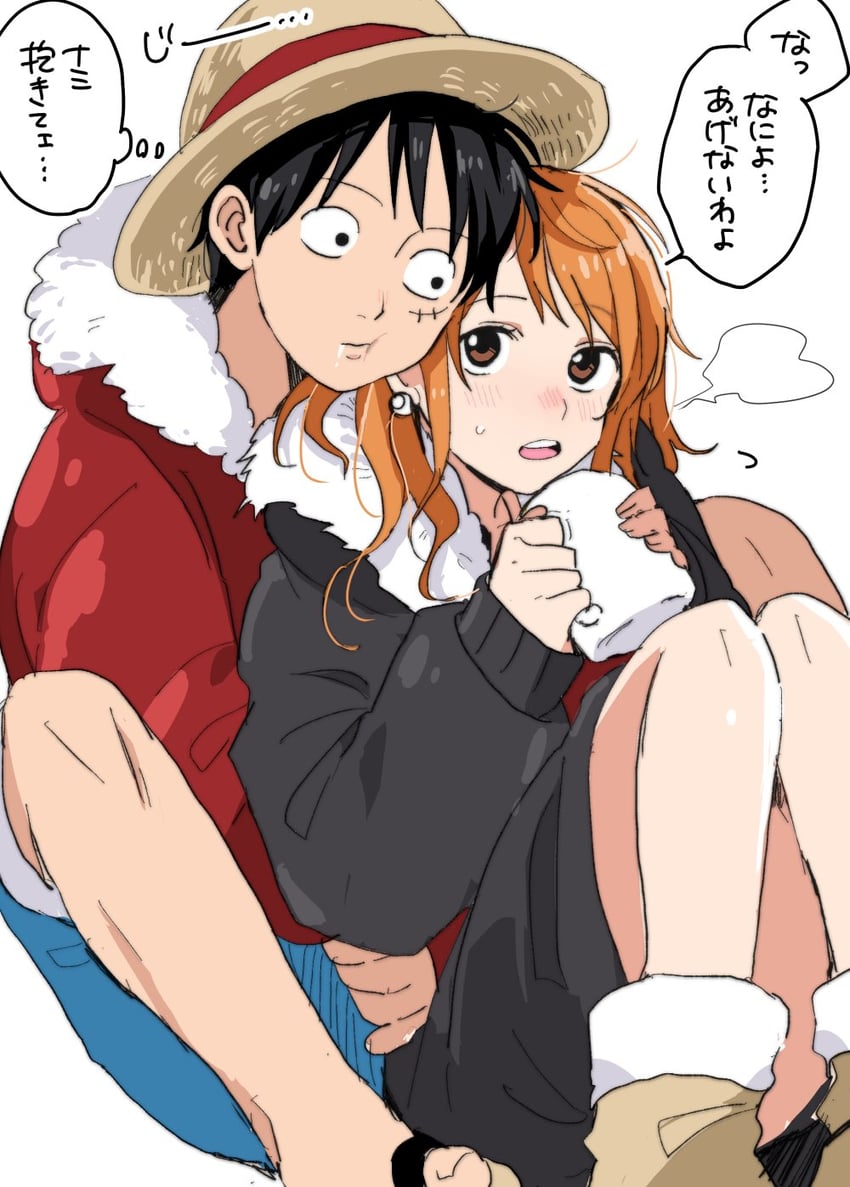 nami and monkey d. luffy (one piece) drawn by chiya_op