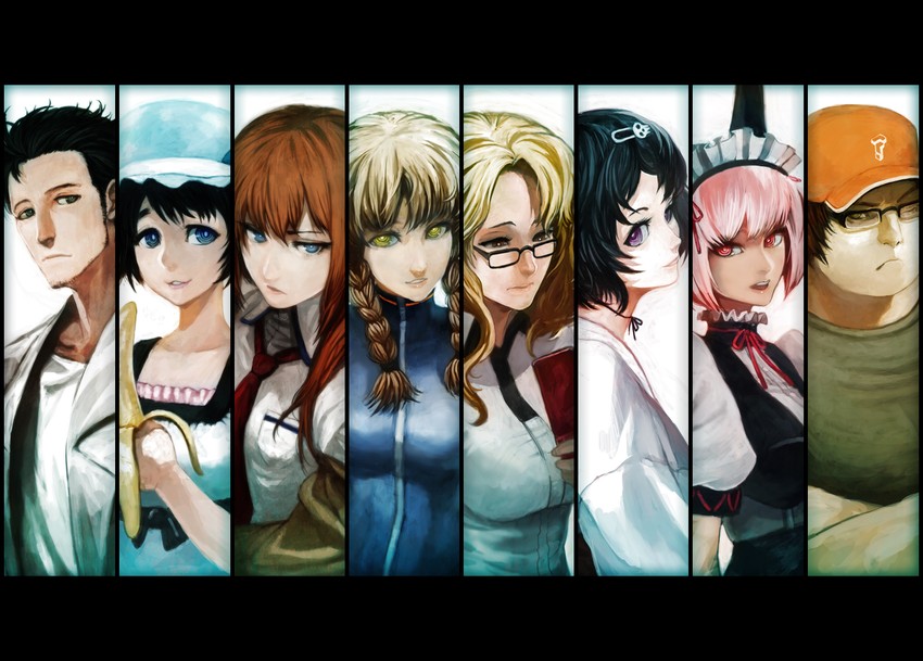 makise kurisu, okabe rintarou, shiina mayuri, amane suzuha, urushibara luka, and 3 more (steins;gate) drawn by lack