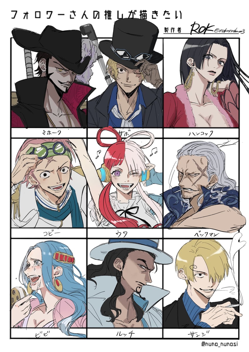 sanji, boa hancock, uta, sabo, nefertari vivi, and 4 more (one piece) drawn by rokurnshu003