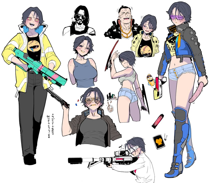 v, valerie, judy alvarez, johnny silverhand, and jackie welles (original and 3 more) drawn by miitoban