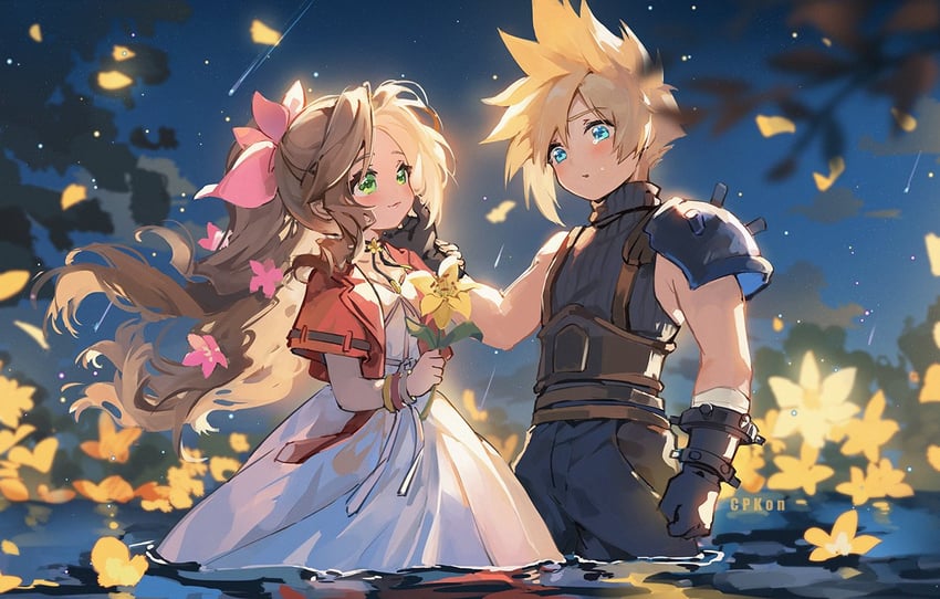 cloud strife and aerith gainsborough (final fantasy and 2 more) drawn by cat_princess
