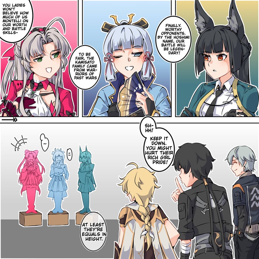 aether, kamisato ayaka, hoshimi miyabi, wise, rover, and 2 more (genshin impact and 2 more) drawn by andra