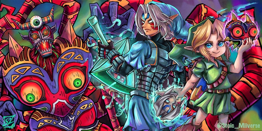 link, young link, majora, fierce deity, majora's incarnation, and 1 more (the legend of zelda and 1 more) drawn by stoic_seraphim