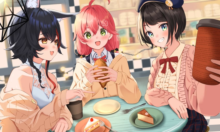 sakura miko, ookami mio, and oozora subaru (hololive) drawn by komiya_latte
