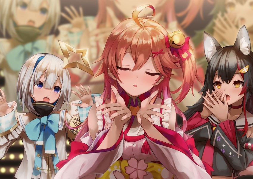 sakura miko, ookami mio, and amane kanata (hololive and 1 more) drawn by konkito