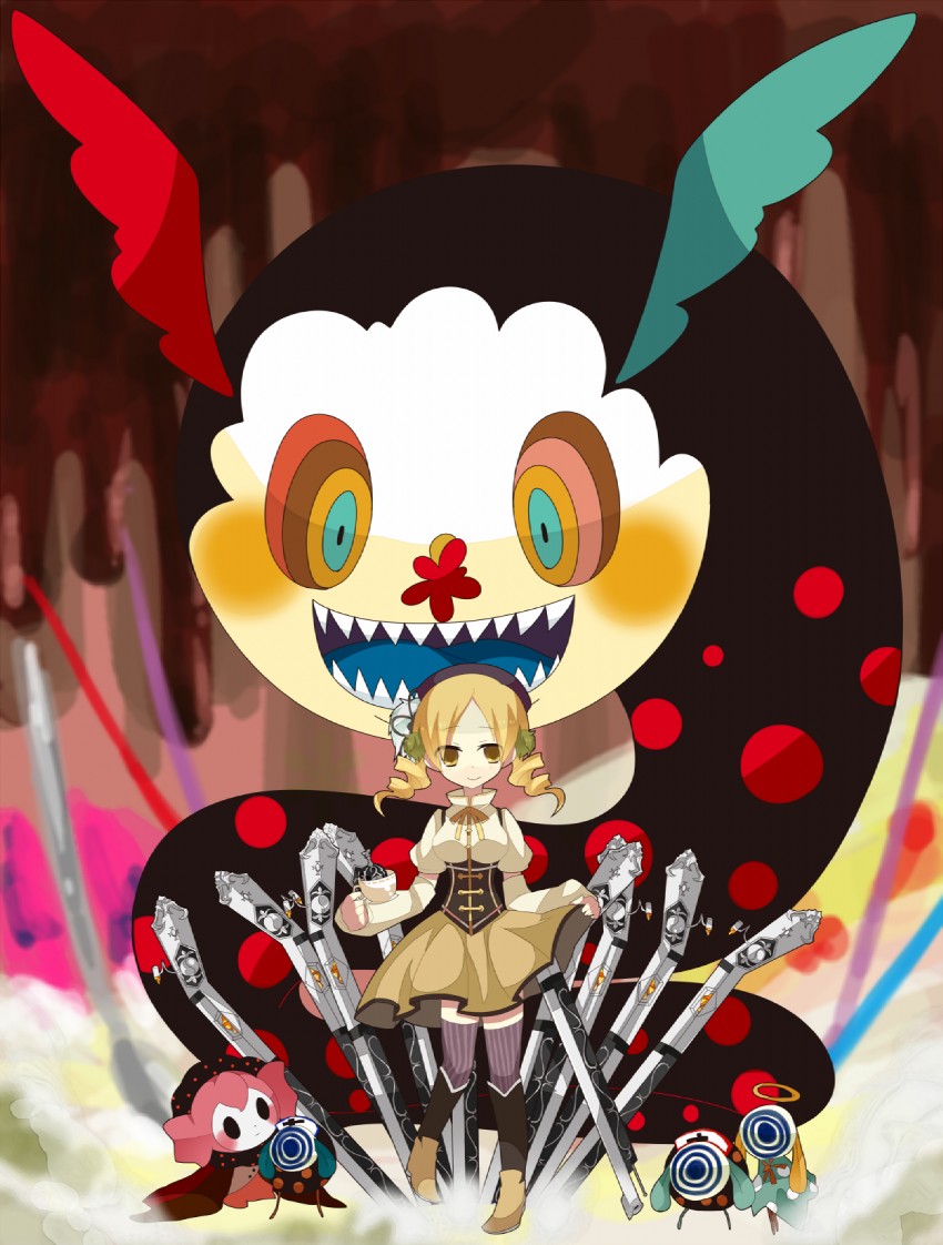 tomoe mami, charlotte, and pyotr (mahou shoujo madoka magica) drawn by rinsei