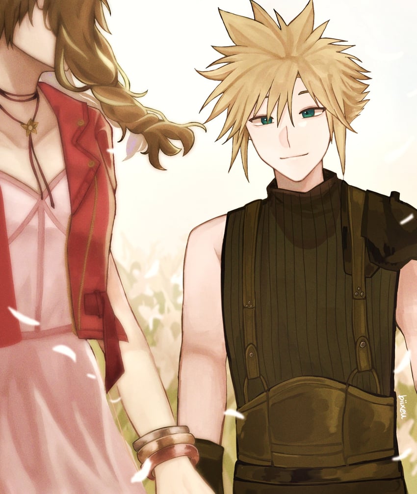 cloud strife and aerith gainsborough (final fantasy and 3 more) drawn by biixeu