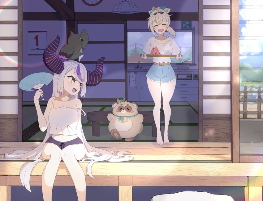la+ darknesss, kazama iroha, crow, and pokobee (hololive) drawn by kushinobu