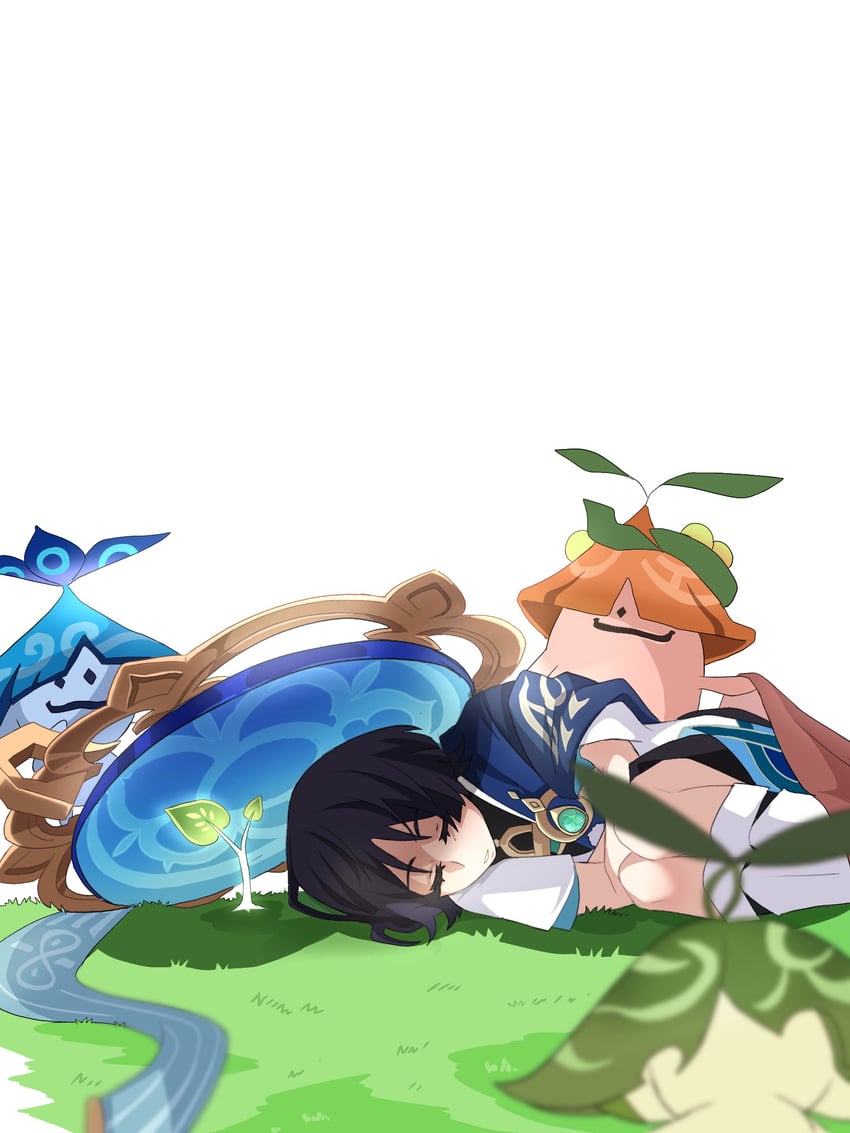 scaramouche, nahida, wanderer, aranara, and ararycan (genshin impact) drawn by julydelic