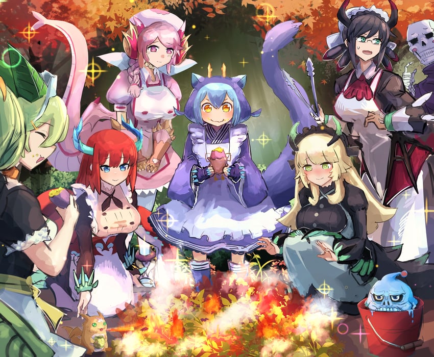 laundry dragonmaid, parlor dragonmaid, kitchen dragonmaid, chamber dragonmaid, house dragonmaid, and 5 more (yu-gi-oh!) drawn by hatano_kiyoshi