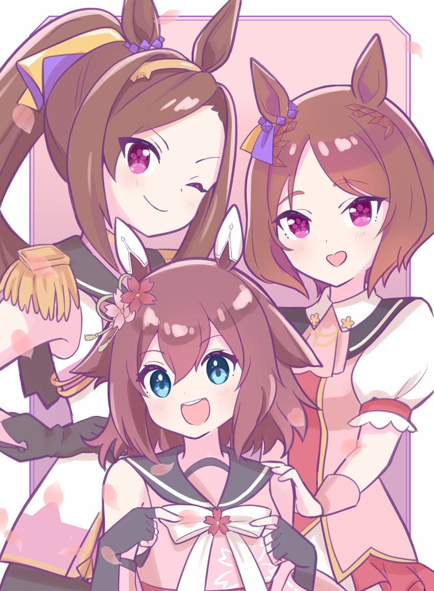 sakura chiyono o, sakura bakushin o, and sakura laurel (umamusume) drawn by akane_(akane112234)