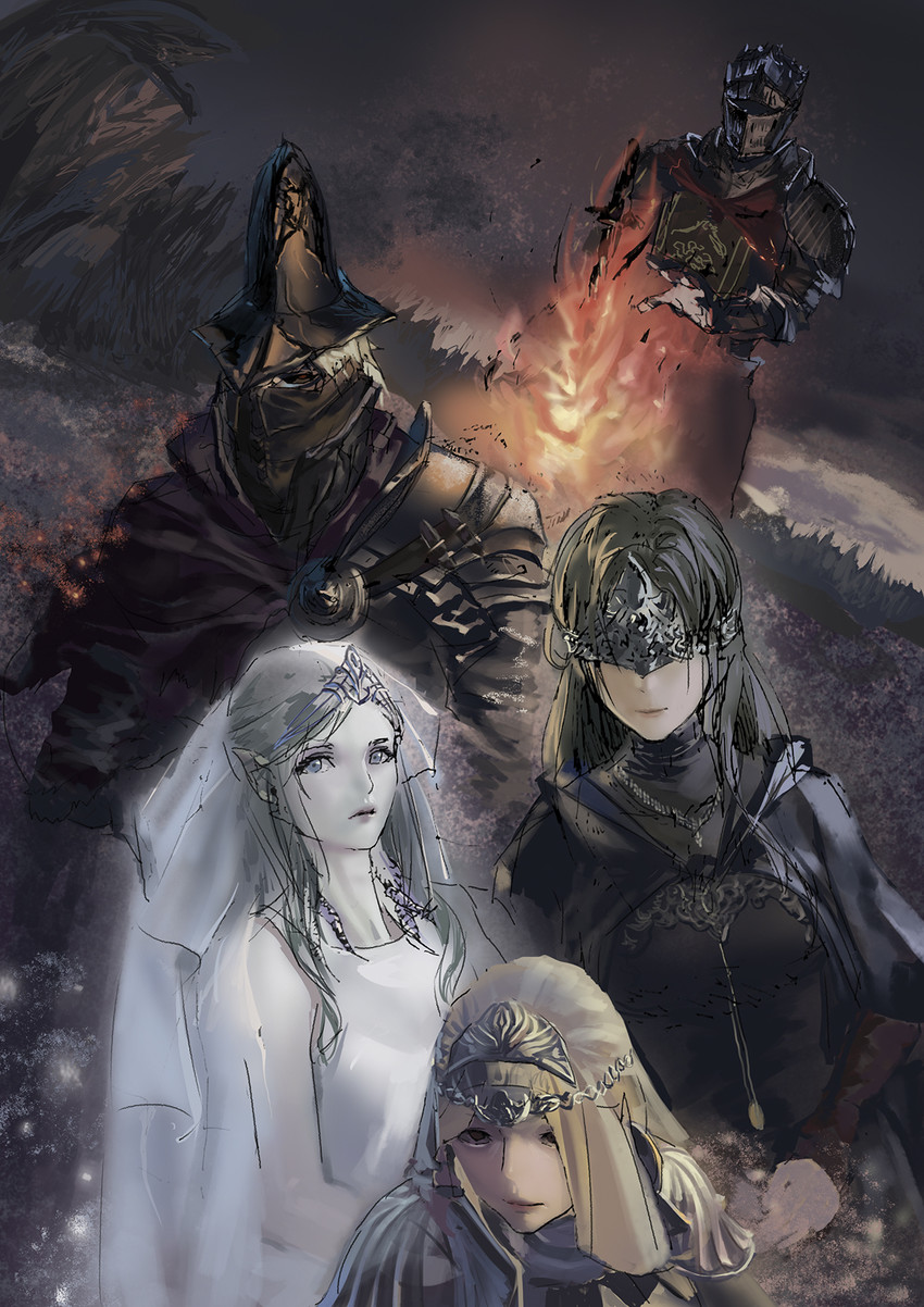 fire keeper, abyss watcher, soul of cinder, company captain yorshka, and sirris of the sunless realms (dark souls and 1 more) drawn by liyou-ryon
