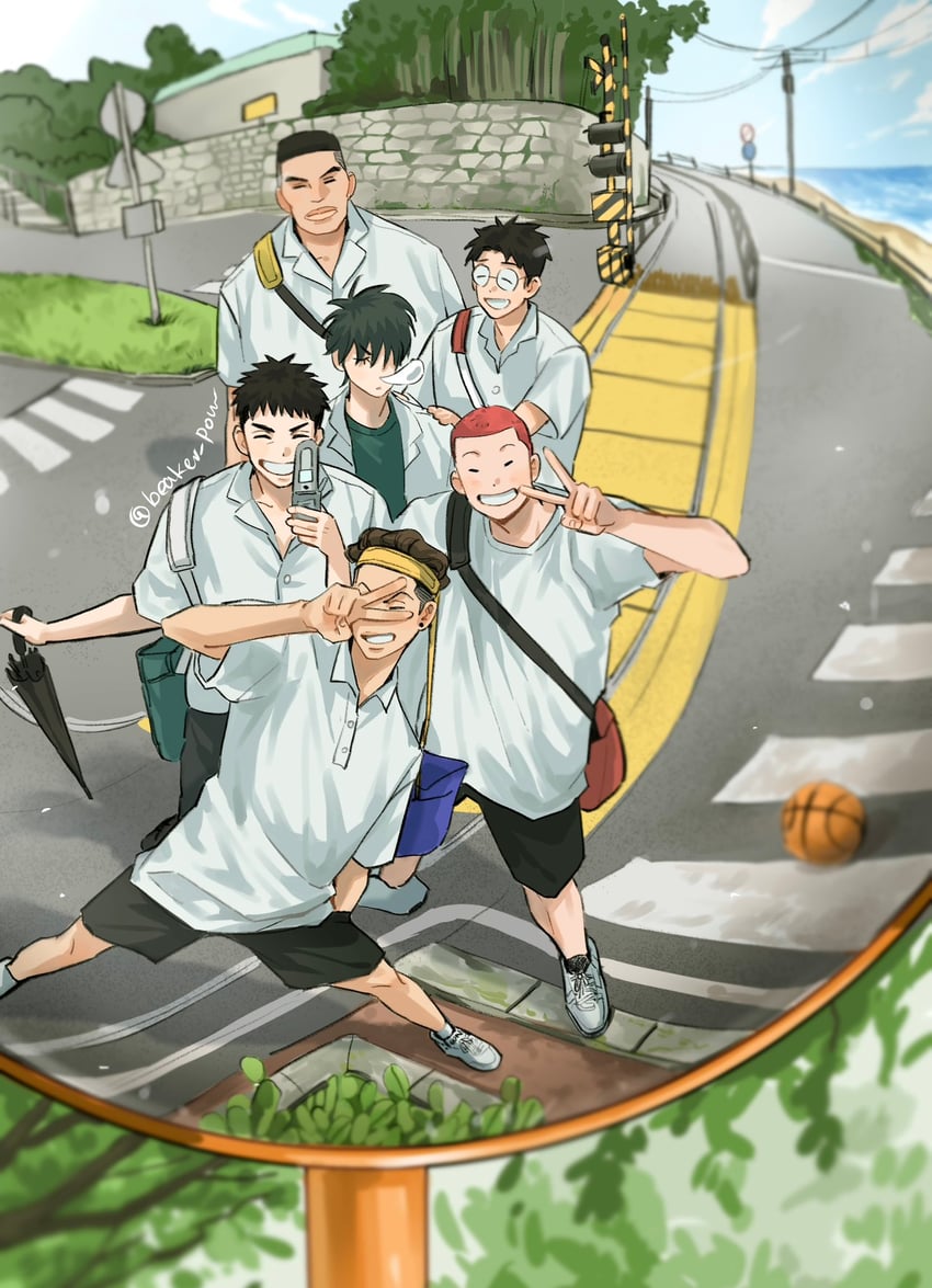 sakuragi hanamichi, rukawa kaede, miyagi ryouta, mitsui hisashi, kogure kiminobu, and 1 more (slam dunk) drawn by beaker_pour
