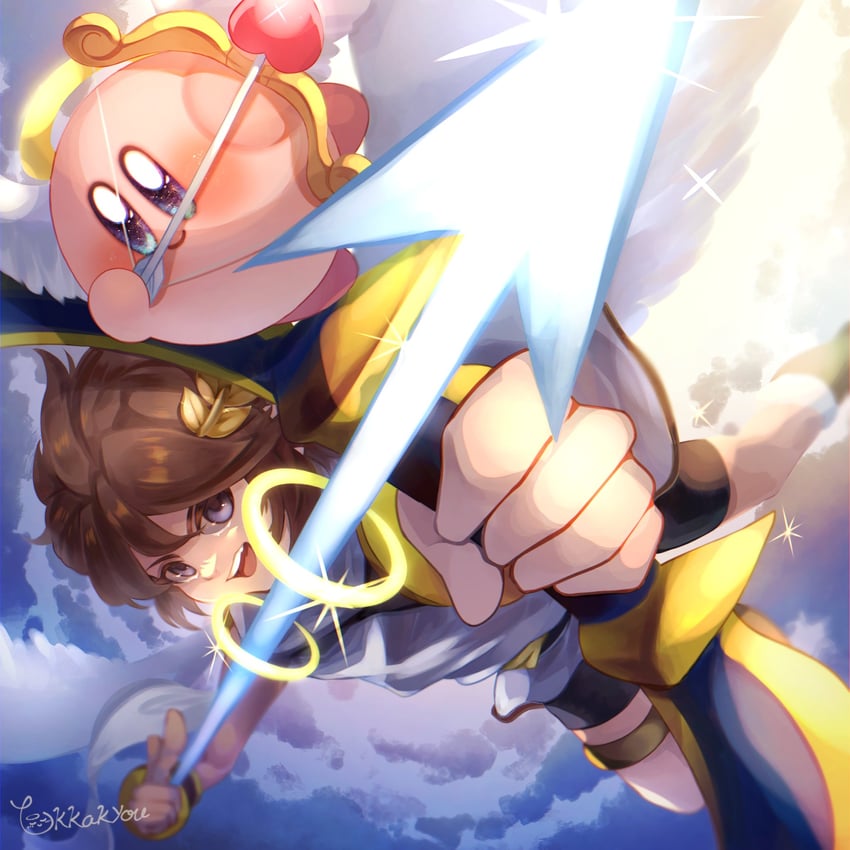 kirby, pit, and cupid kirby (kirby and 3 more) drawn by tokkakyou