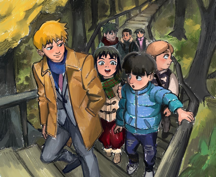 kageyama shigeo, reigen arataka, kurata tome, and inukawa mameta (mob psycho 100) drawn by almondpiglet