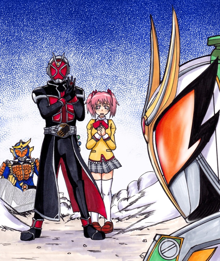 kaname madoka, kamen rider wizard, kamen rider gaim, and kamen rider zangetsu shin (mahou shoujo madoka magica and 3 more) drawn by tatsumi_kei_(t_k)