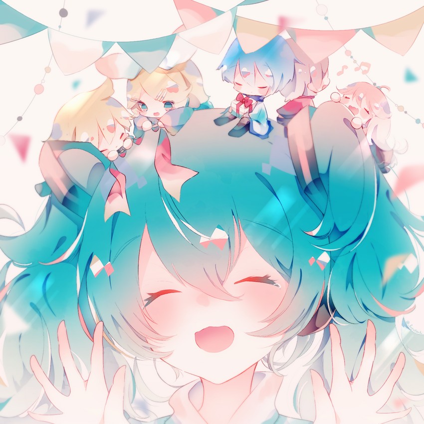 hatsune miku, kagamine rin, kagamine len, megurine luka, kaito, and 1 more (vocaloid) drawn by fuyuzuki_gato